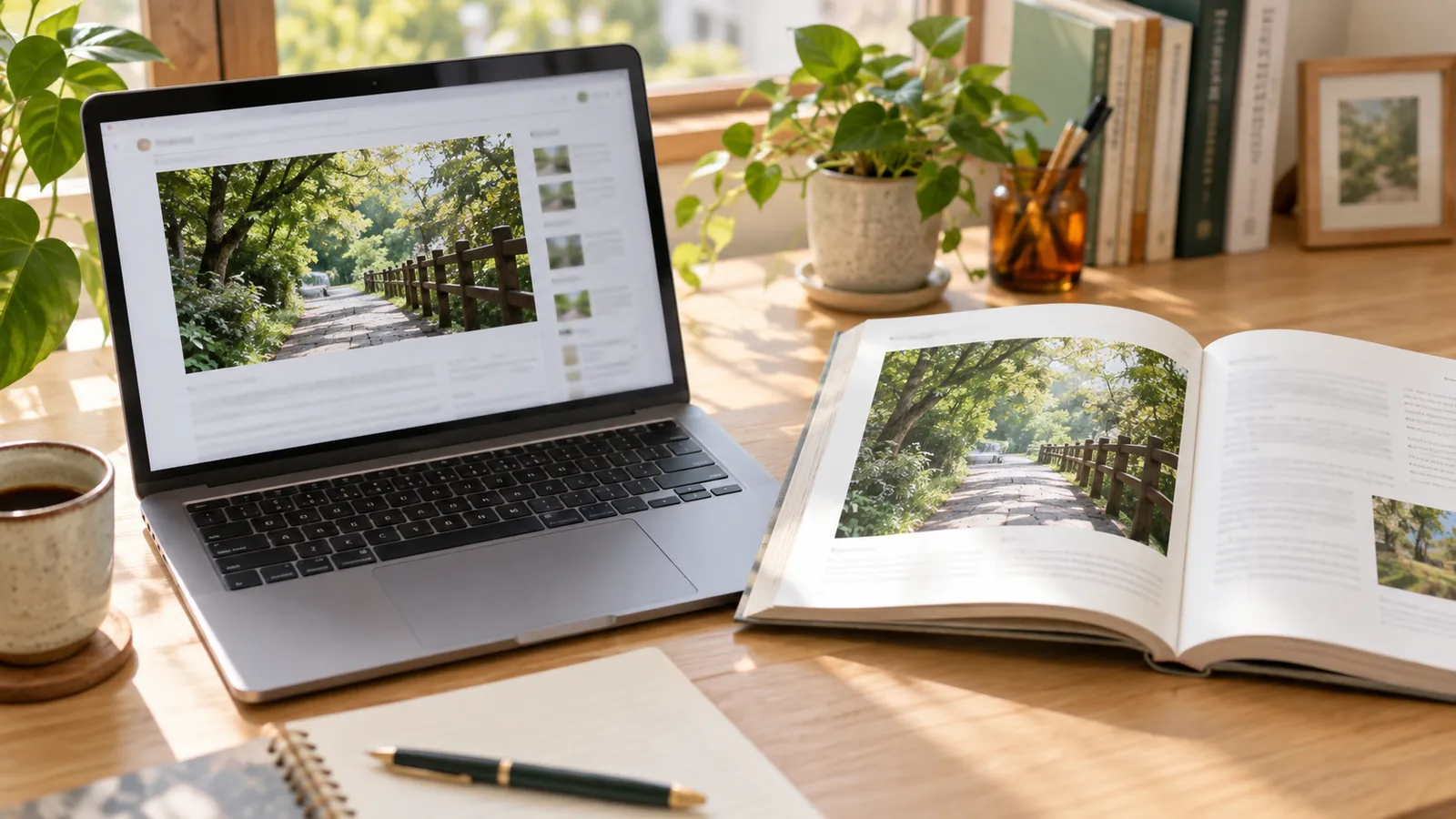 ノートパソコンに開いたブログと、同じ写真が載った横書きの本が机に並んでいる