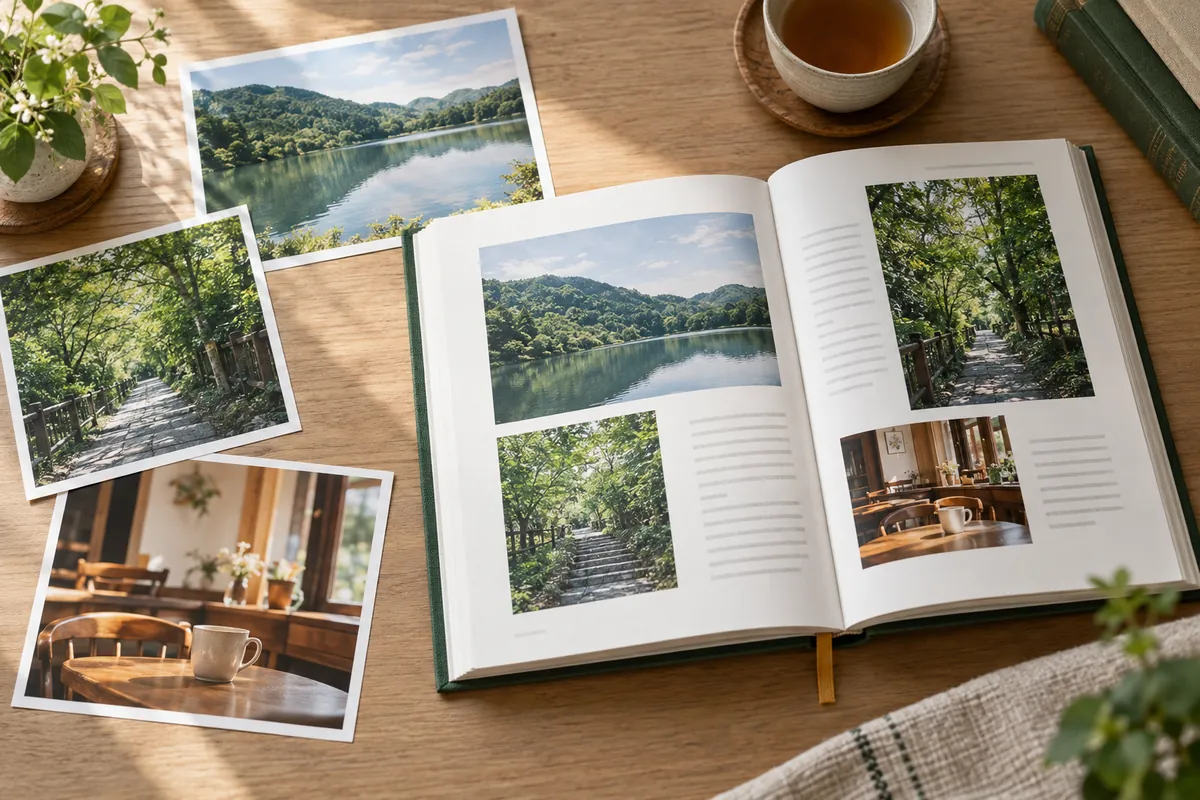机に並べた写真プリントと、それらの写真がレイアウトされた本の見開き