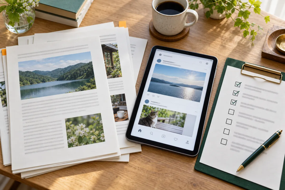 本の原稿と、写真やSNSの画面が見えるタブレット、確認用のチェックリスト